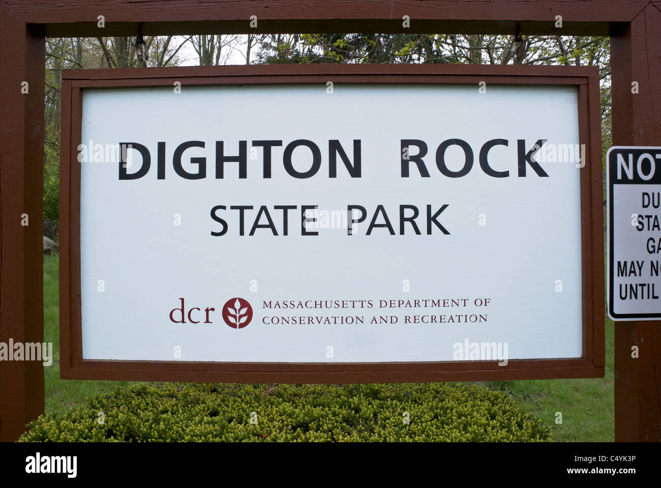 A State Park sign marks the location of historic Dighton Rock at the entrance to Dighton Rock State Park. Stock Photo