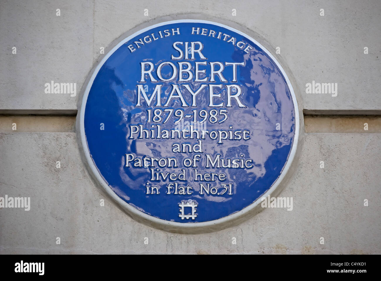 english heritage blue plaque marking a home of philanthropist sir robert mayer, marylebone, london, england Stock Photo