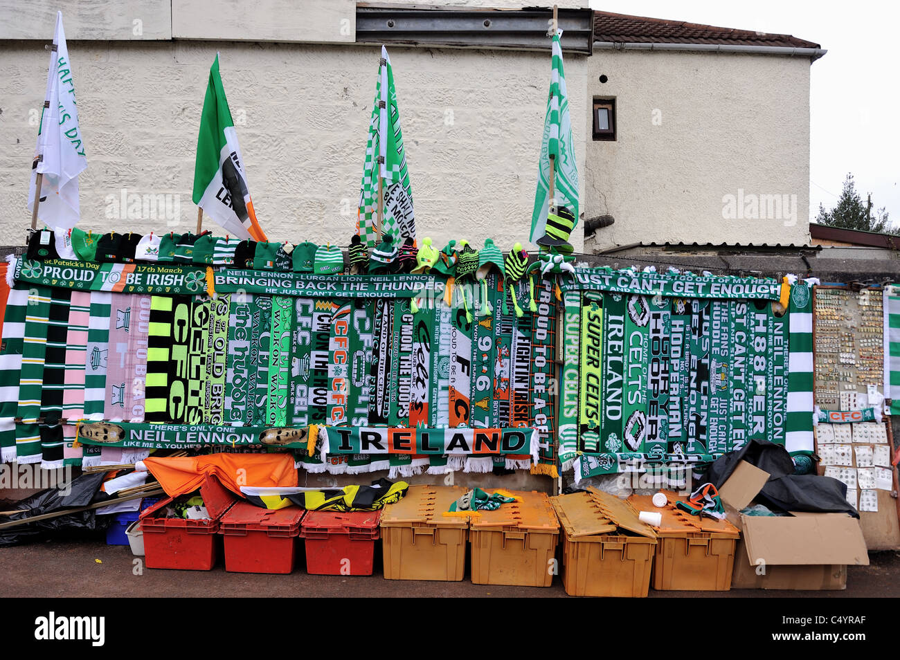 A stall outside Hampden selling Celtic flags, scarves and banners, before the Scottish League Cup Final 2011 against Rangers Stock Photo