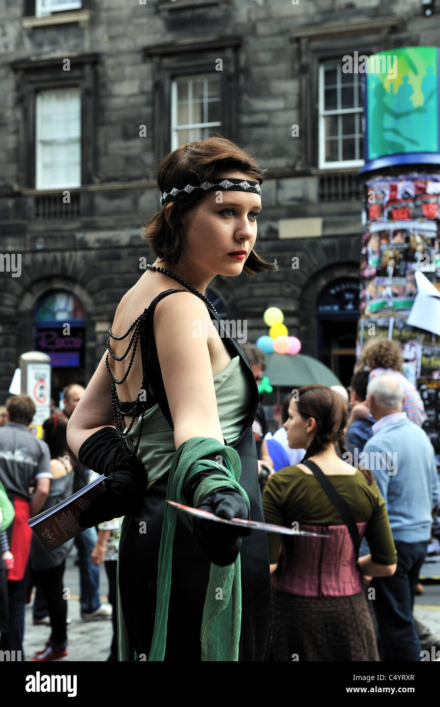 Edinburgh Festival performer on the Royal Mile publicising her act Stock Photo