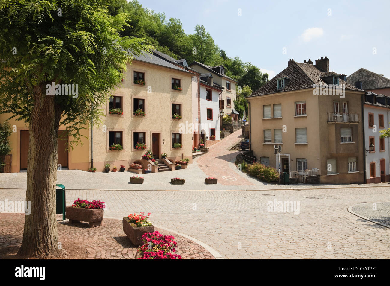 Vianden, Grand Duchy of Luxembourg, Europe. Cobbled street scene and old village houses Stock Photo