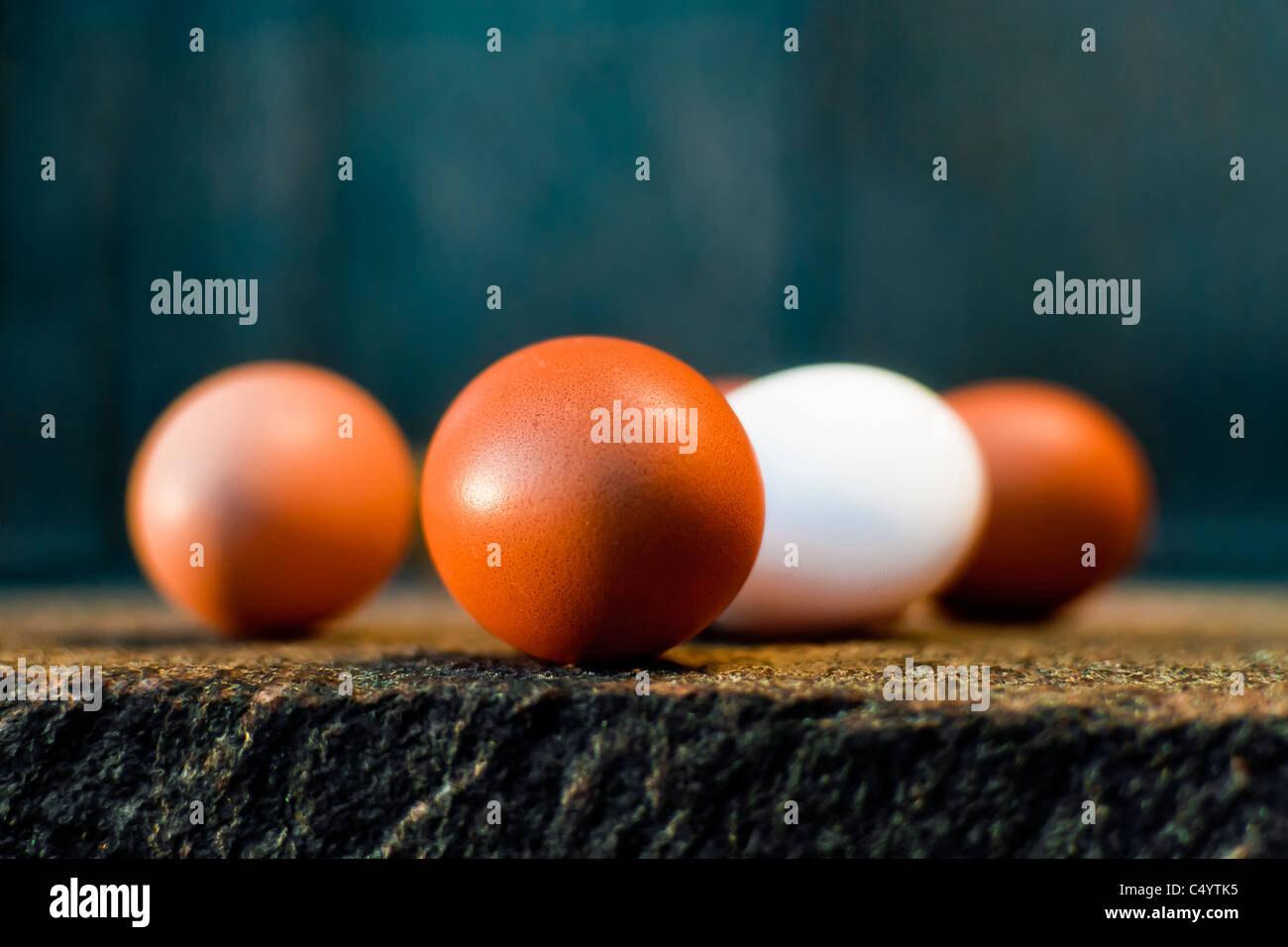 Brown and white eggs on a stone bench. Stock Photo