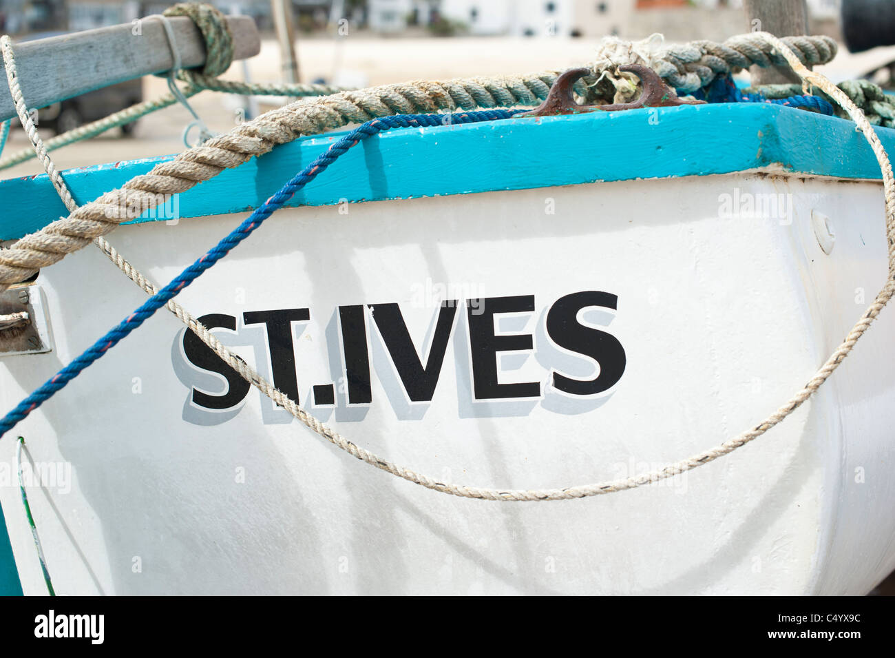 St Ives, Cornwall, UK: Fishing Boat with the name of St Ives clearly showing on the stern of the boat. Stock Photo