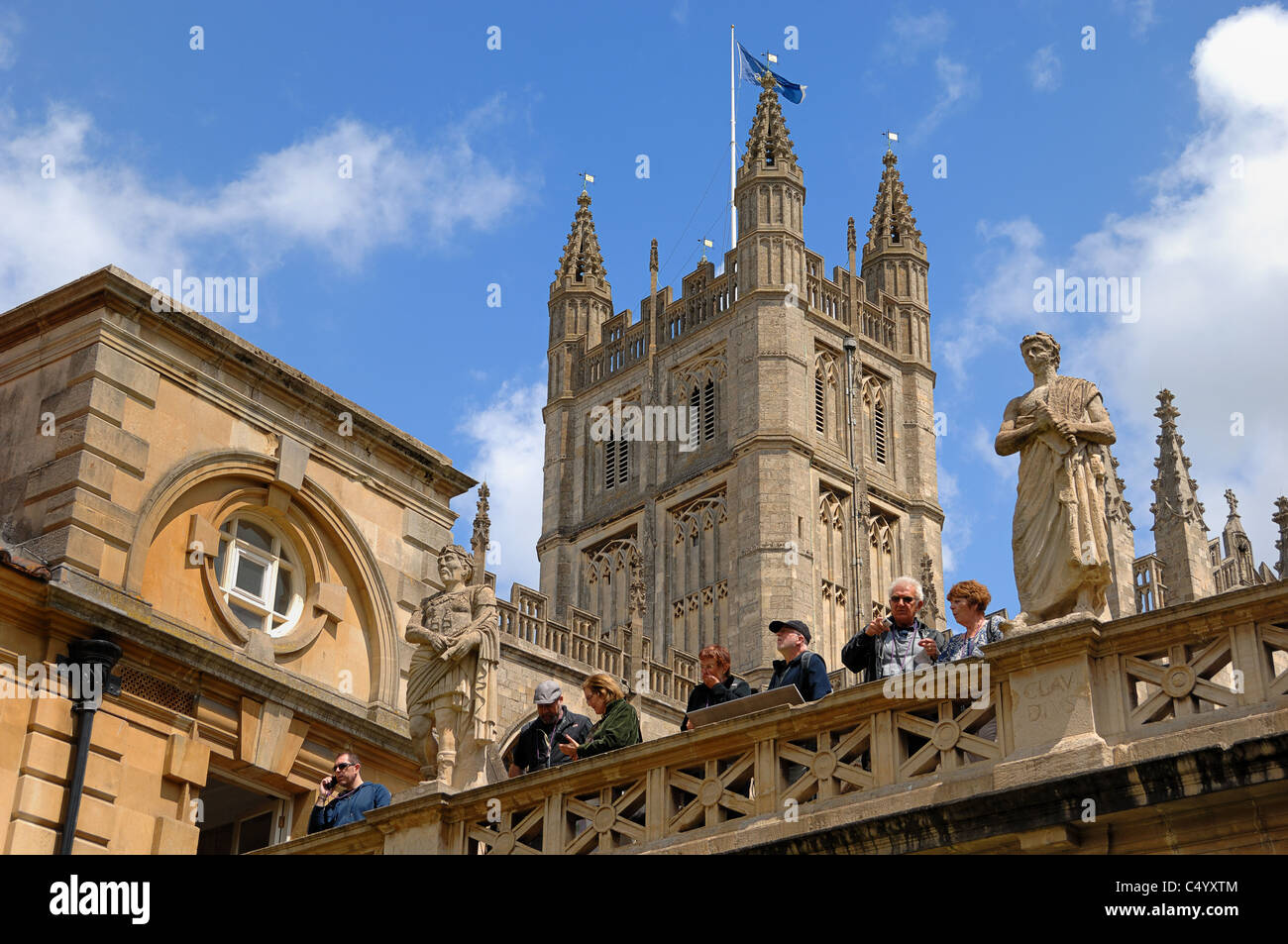 The Tower of Bath Abbey seen from the Roman Baths at the City of Bath in Somerset, United Kingdom. Stock Photo