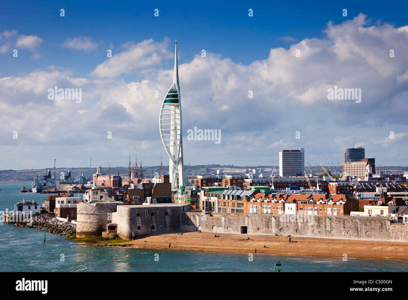 Portsmouth Harbour, city, and Spinnaker Tower in England UK and Round Tower Stock Photo
