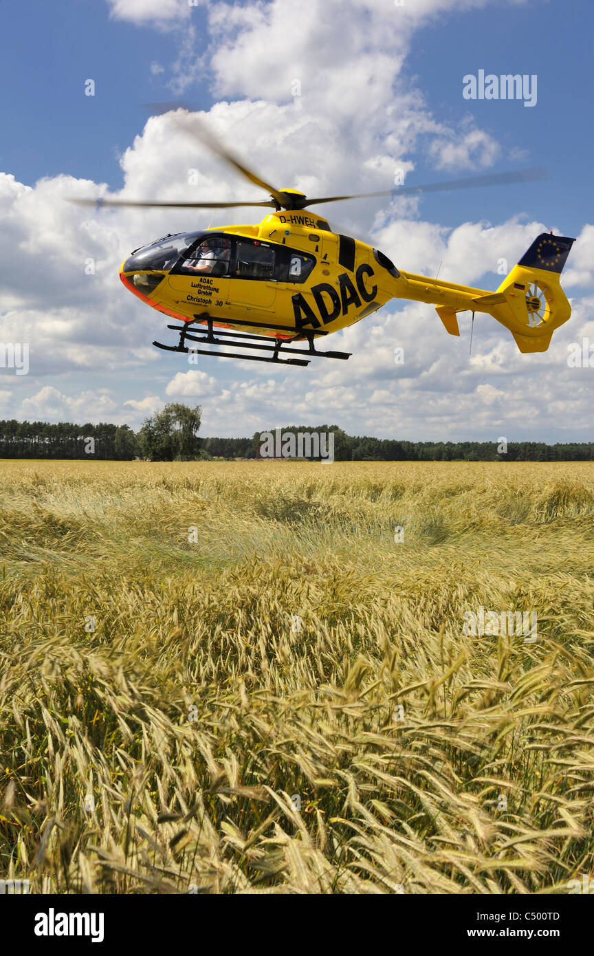 German ADAC Rescue Helicopter in a corn Field Stock Photo