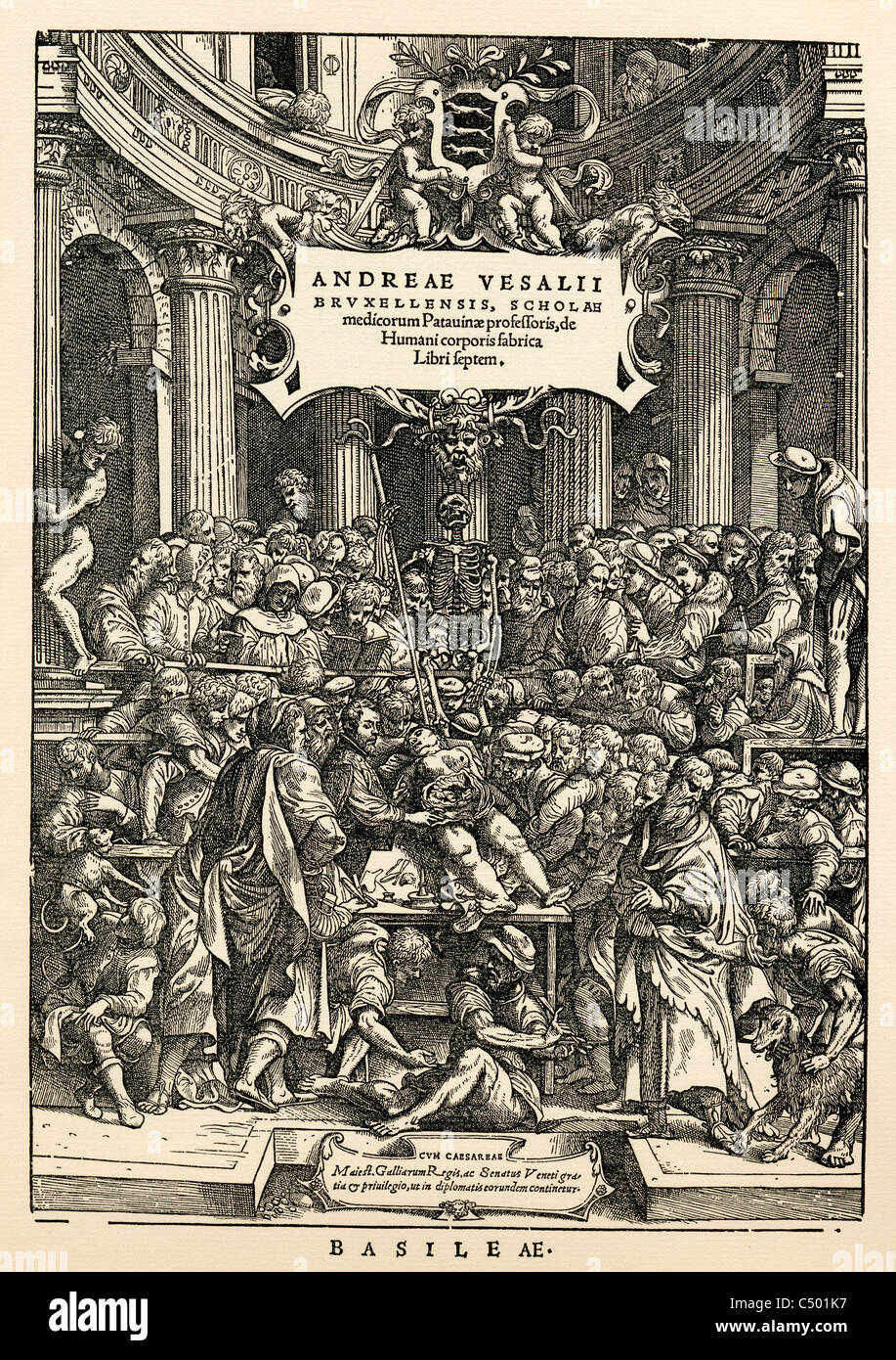 Anatomy lesson on title page of De Humani Corporis Fabrica Libri Septem by Andreas Vesalius Stock Photo