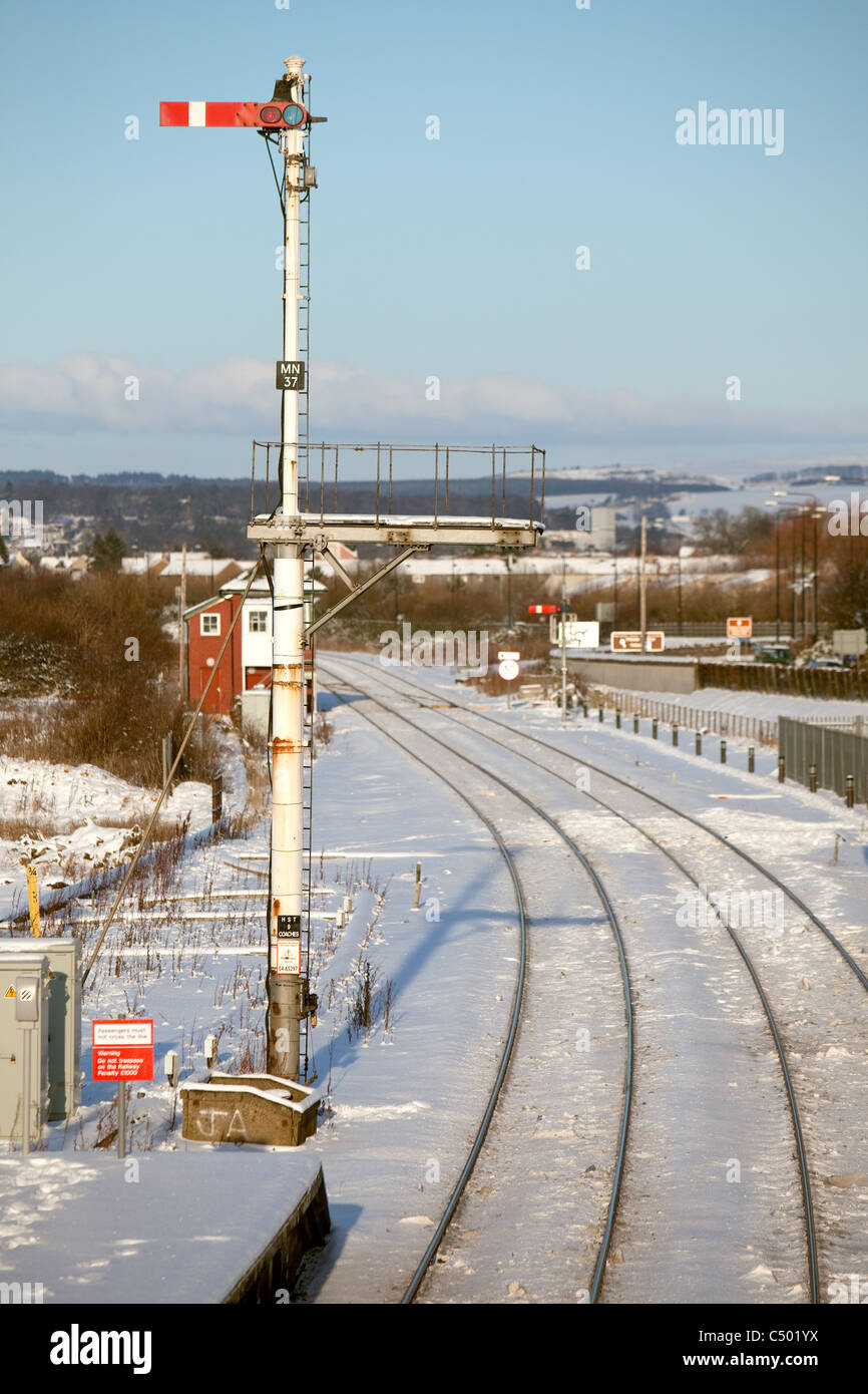 Winter snow on railway lines Montrose Angus Scotland Stock Photo