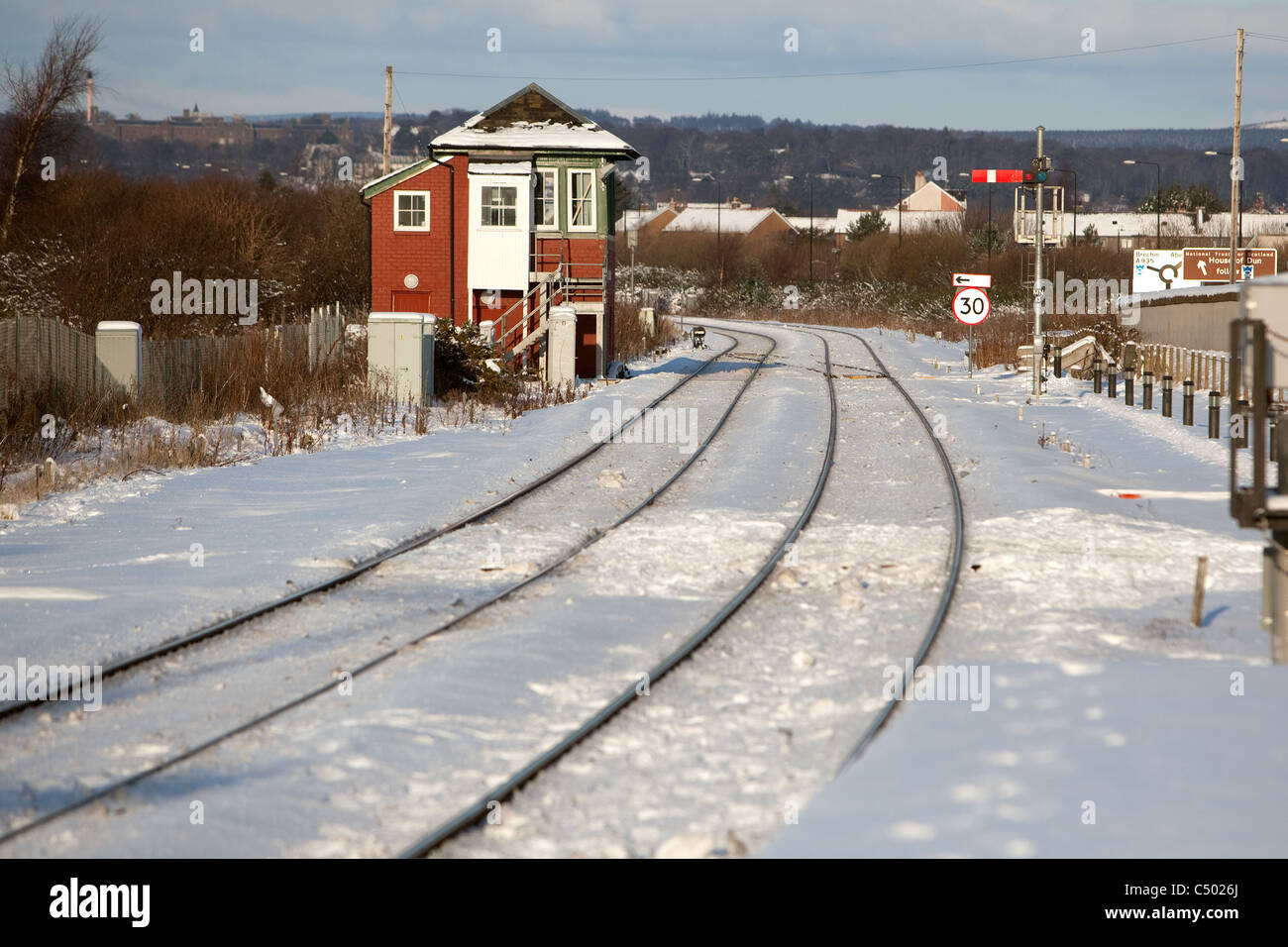 Winter snow on railway lines Montrose Angus Scotland Stock Photo