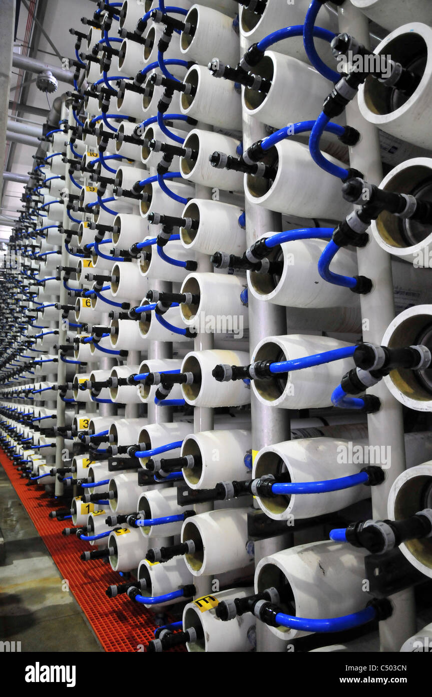 Desalination plant. A bank of Reverse Osmosis membrane filters. Stock Photo