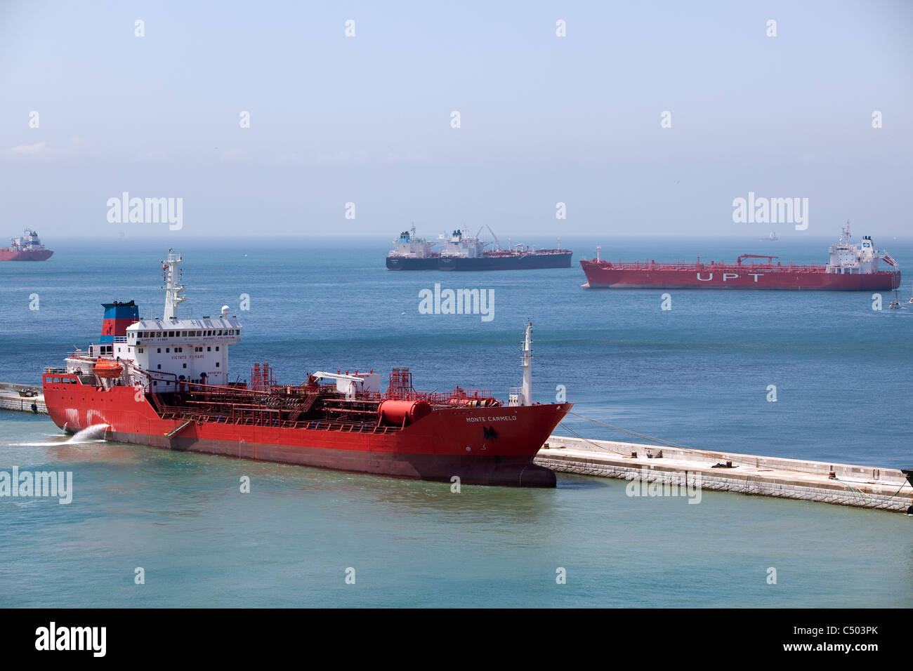 Oil tankers in harbour and at anchor Gibraltar Stock Photo Alamy