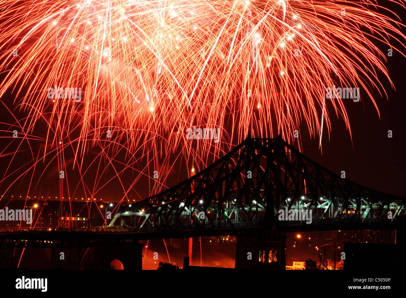 Pont Jacques Cartier bridge with fireworks, Montreal, Quebec, Canada Stock Photo Alamy