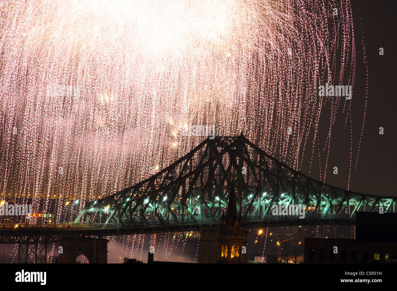 Pont Jacques Cartier bridge with fireworks, Montreal, Quebec, Canada Stock Photo