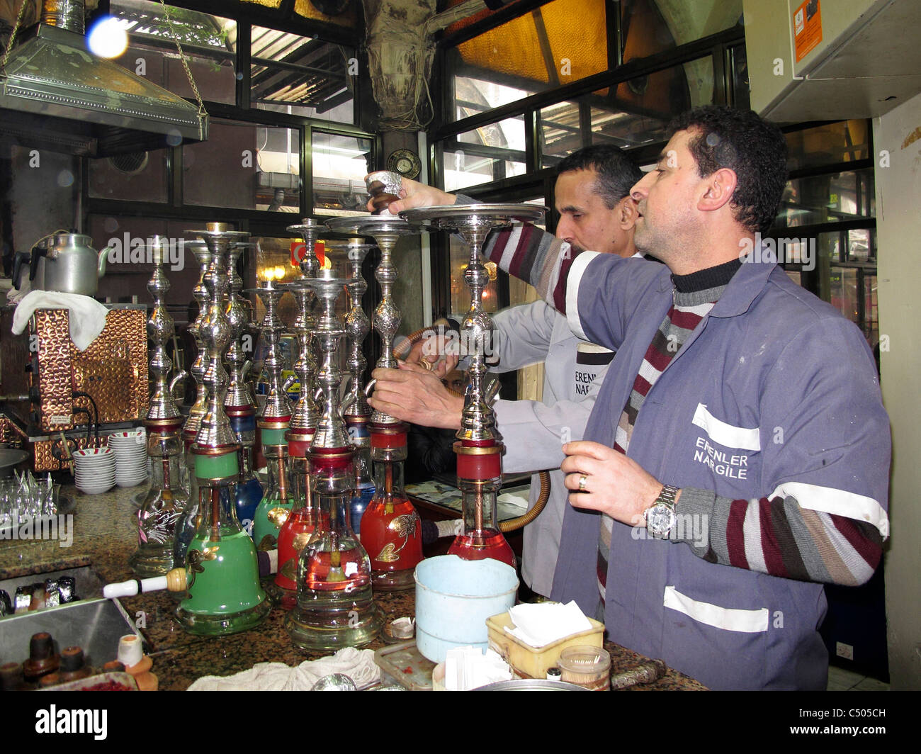 Turkey Istanbul Turkish water pipes Nargile shisha. Burning coal for