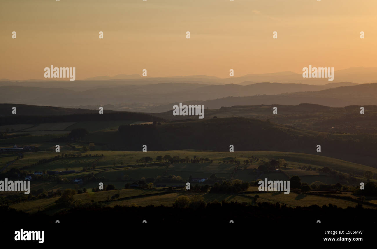 The view across mid-Wales from the Stiperstones in Shropshire in the evening sunset. Stock Photo