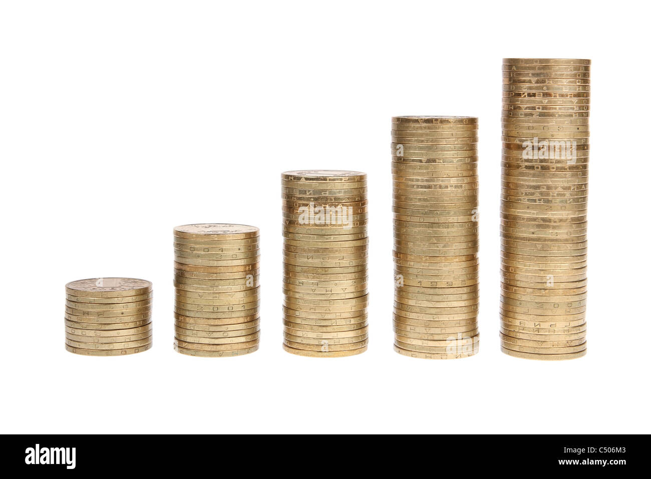 It shows the piles of coins on white background Stock Photo - Alamy