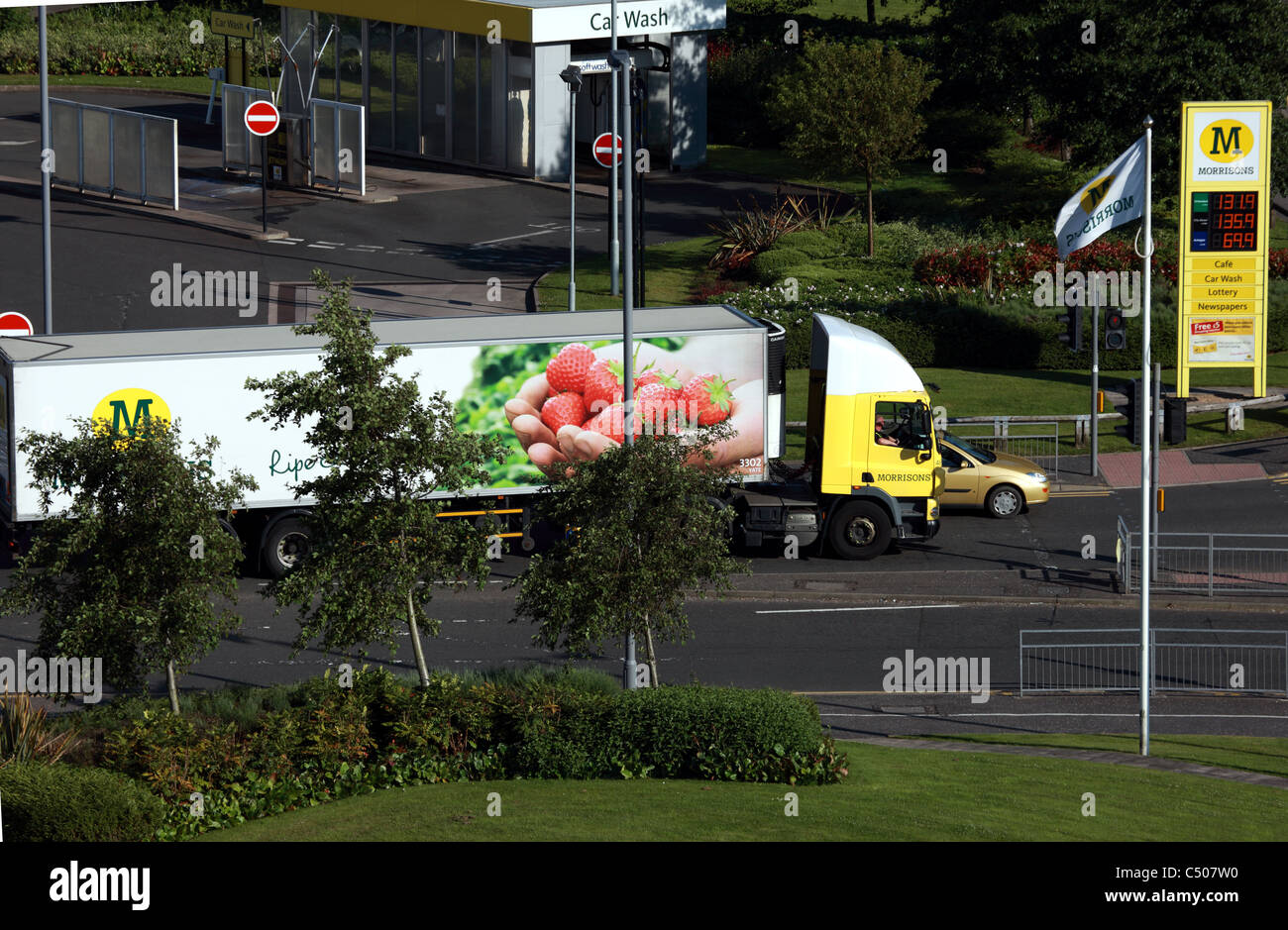 Morrisons food delivery lorry outside a Morrisons Petrol Station In Paisley Scotland Stock Photo