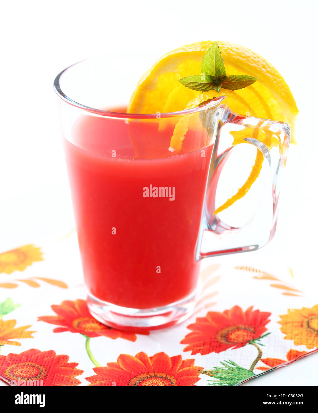 Refreshing summer ice tea or lemonade with fresh fruits Stock Photo