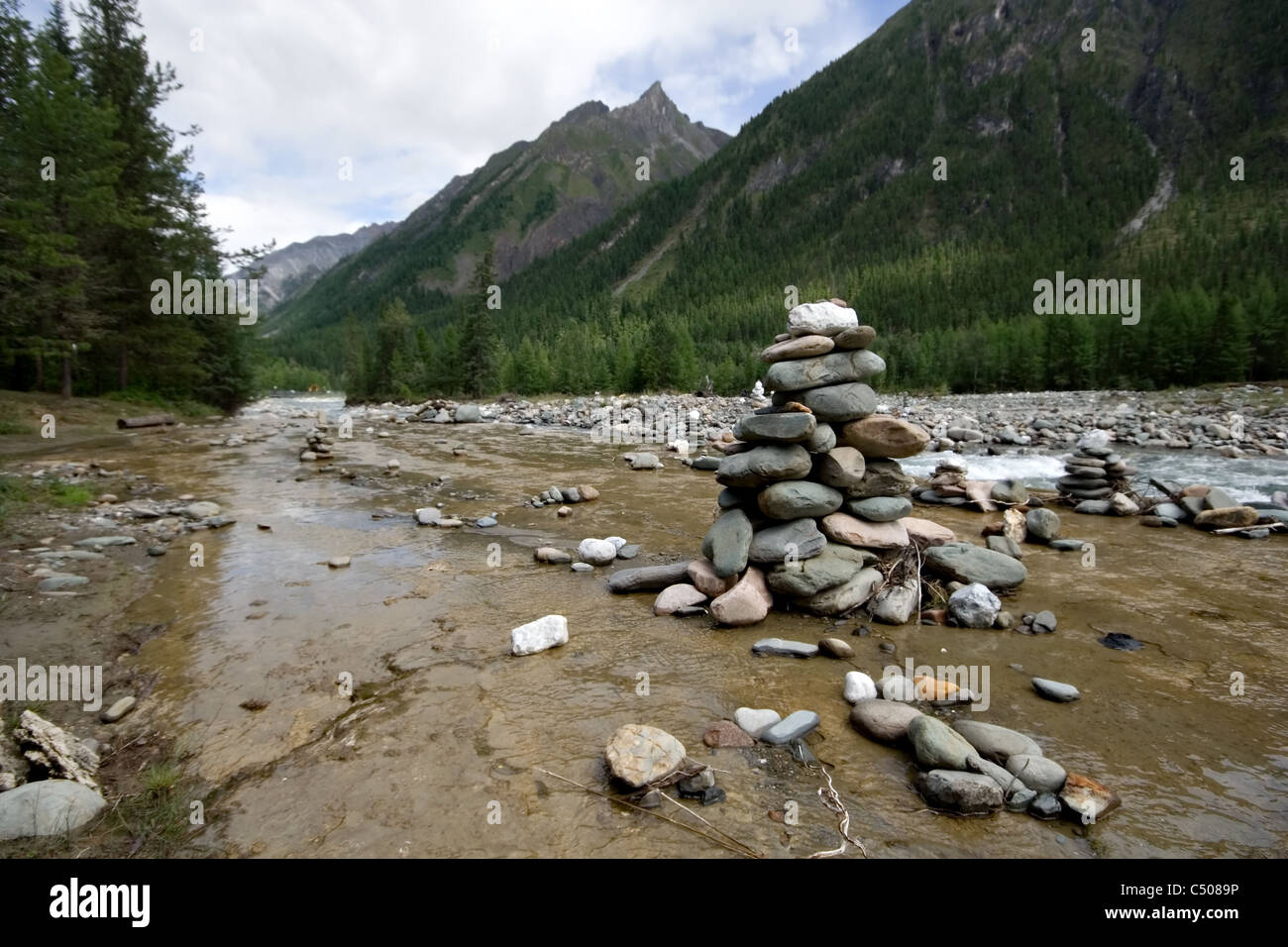 Mountain river Shumak. Stone pyramids. Sayan mountains. Siberia. Russia. Stock Photo
