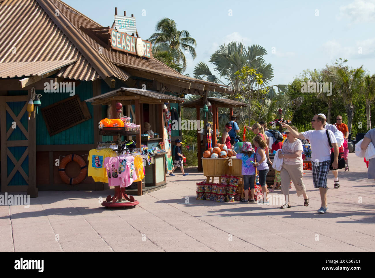 Disney Cruise Line insures plenty of shopping opportunities at its private island paradise, Castaway Cay, Bahamas Stock Photo