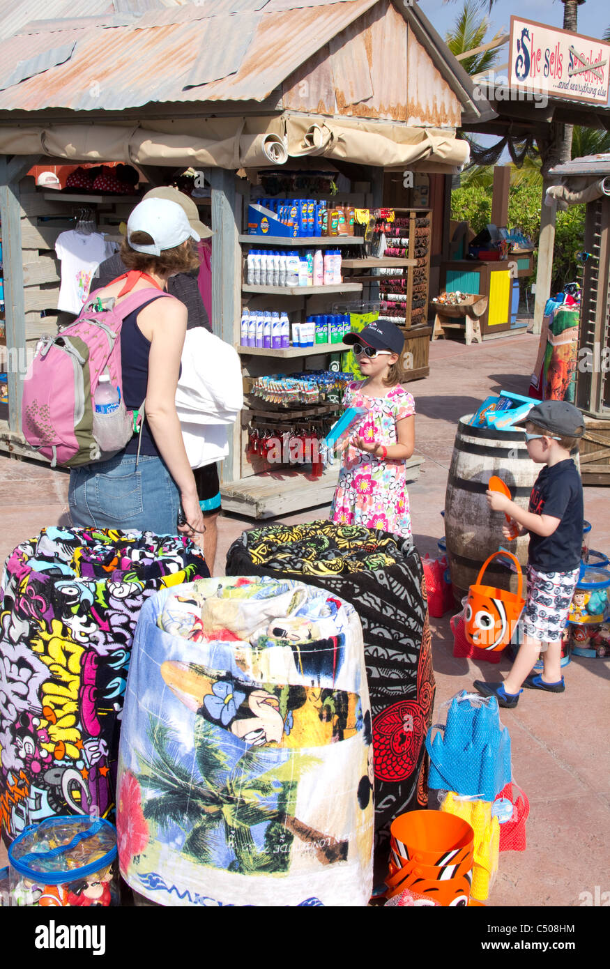 Disney Cruise Line insures plenty of shopping opportunities at its private island paradise, Castaway Cay, Bahamas Stock Photo