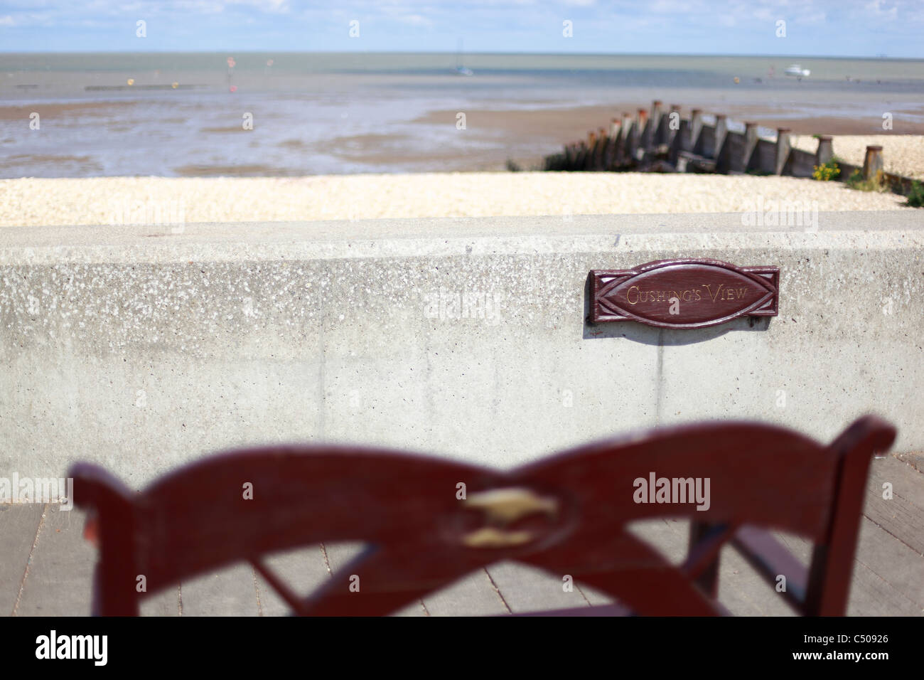 Cushing's View memorial plaque and bench to actor Peter Cushing Whitstable seafront June 2011 Stock Photo