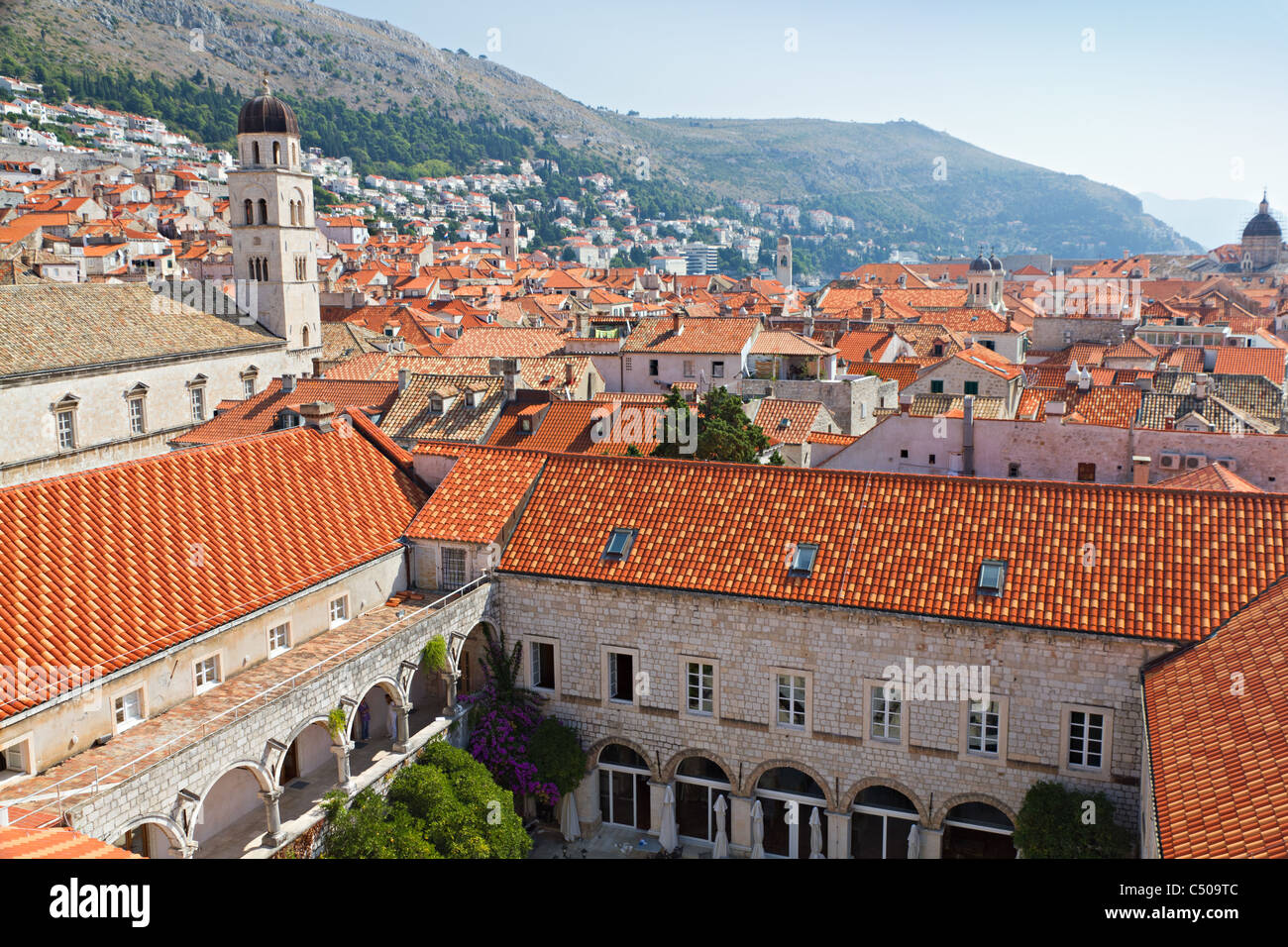 main court of old town Dubrovnik with many old red roofed windows, Croatia Stock Photo