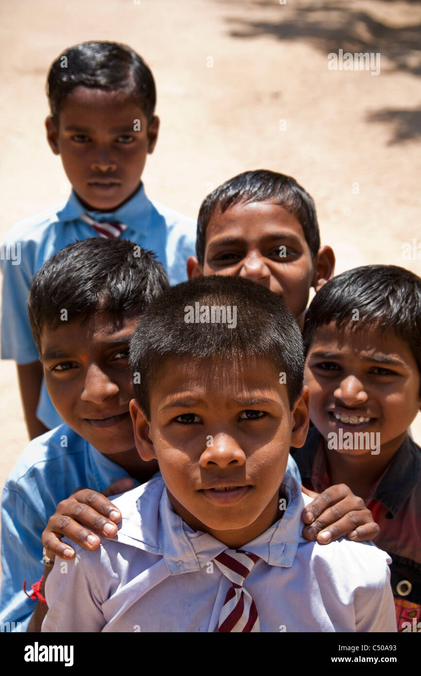 Indian schoolchildren in a small village near Hampi, Karnataka Province, India. Stock Photo