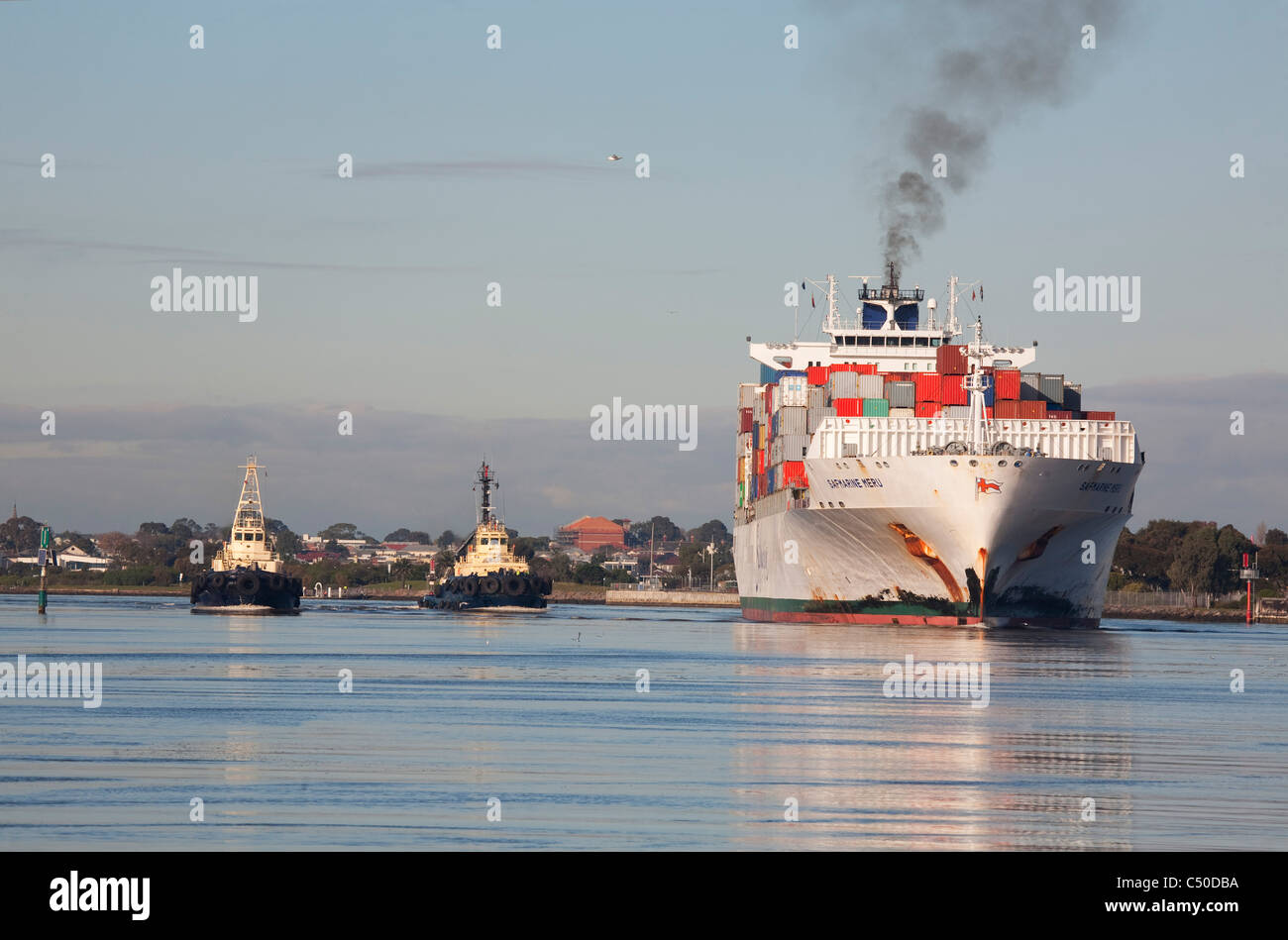 Safmarine Meru Container Ship arriving Yarra River Melbourne Victoria Australia. Stock Photo