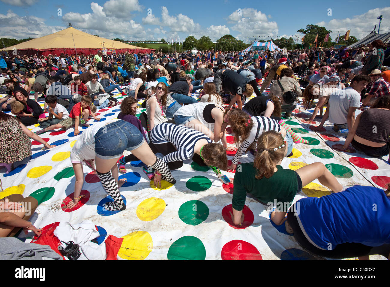 World record attempt at the largest game of twister at the Glastonbury Festival 2011 Stock -