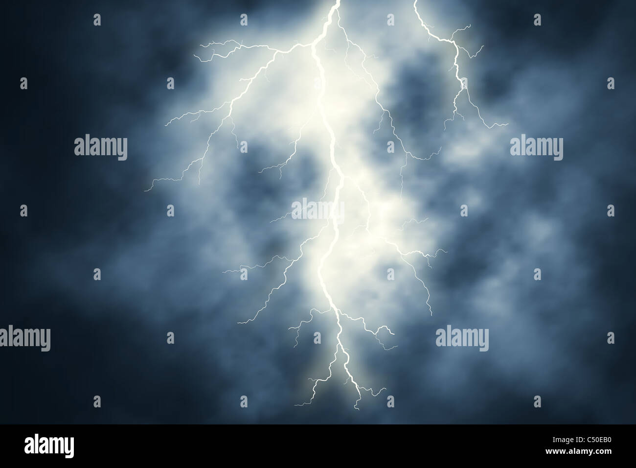 Illustration of a lightning bolt at night with background sky Stock Photo