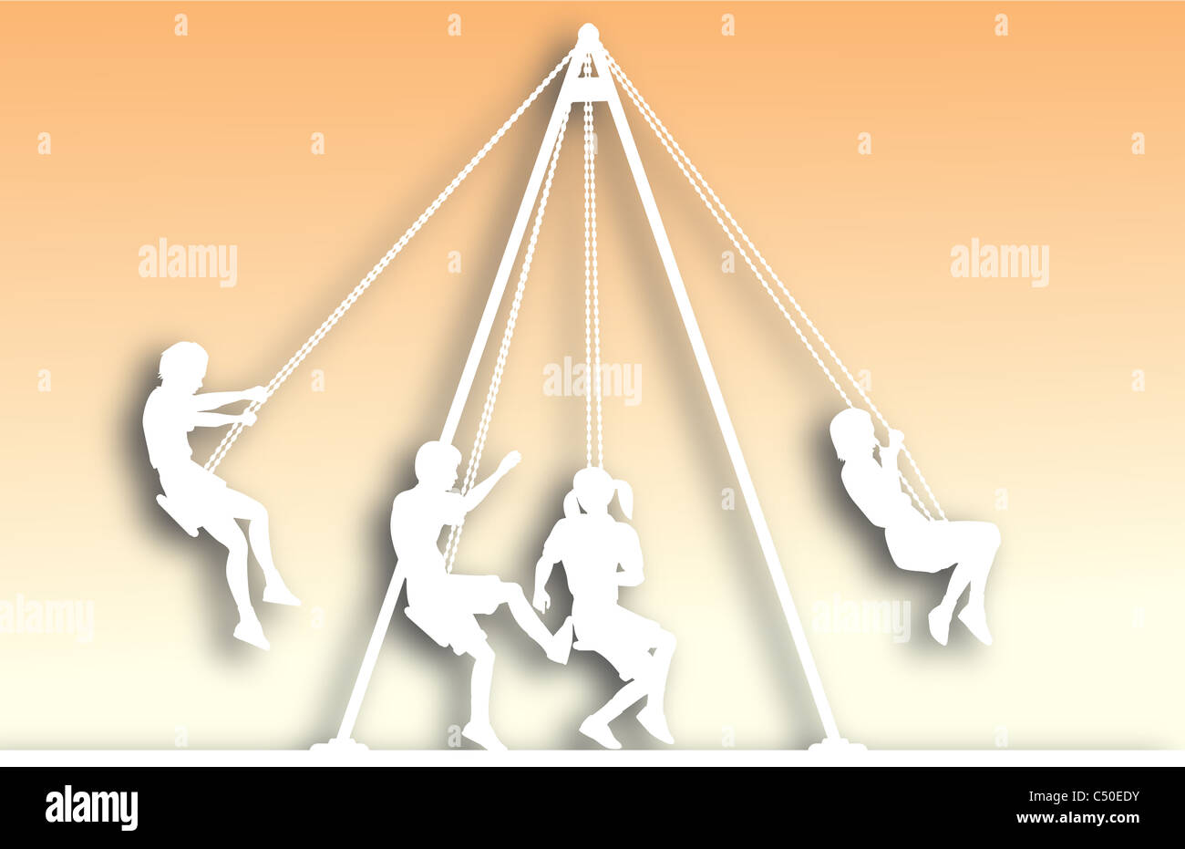 Illustrated cutout of children on playground swings Stock Photo