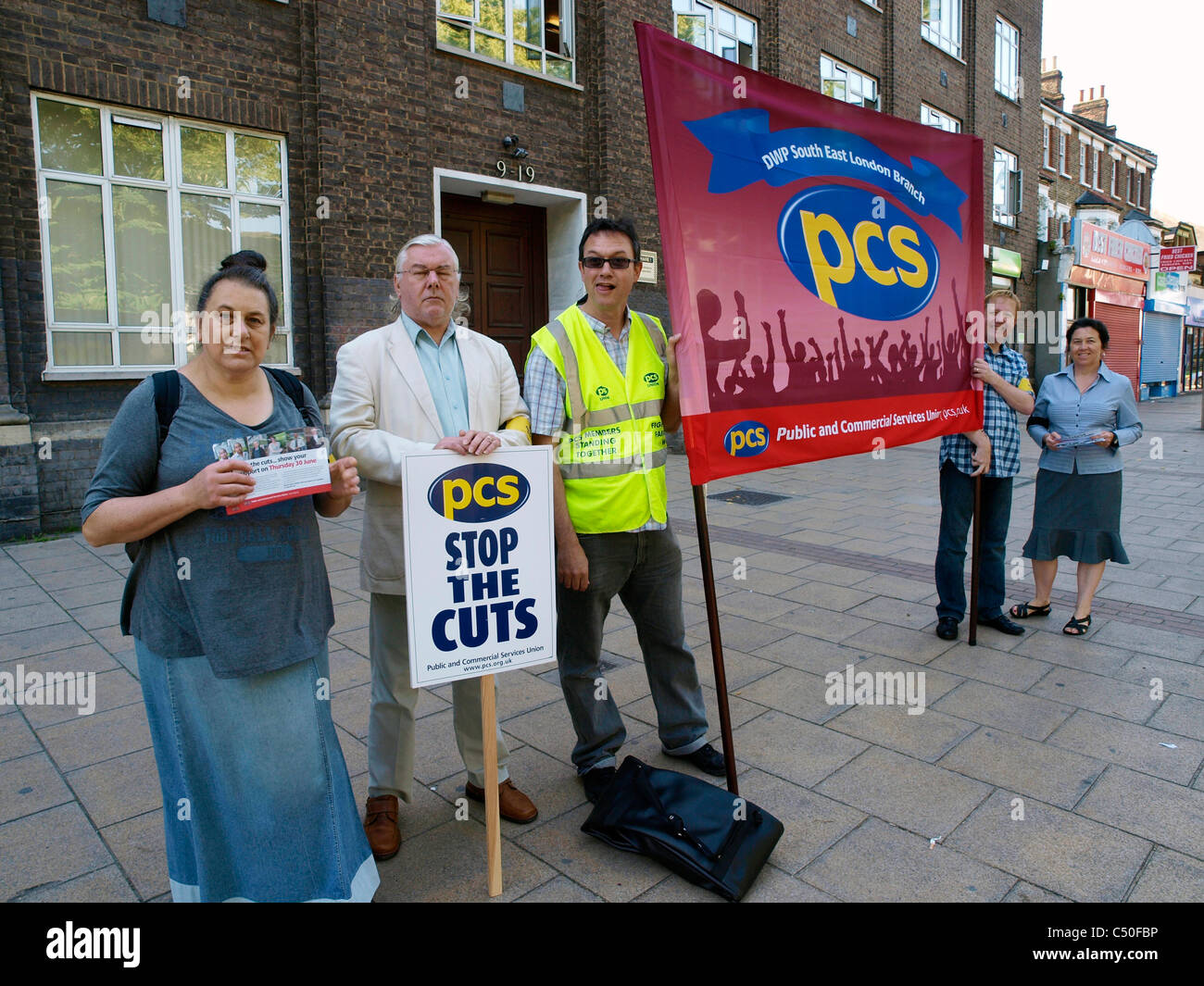 30th June 2011 Lewisham South London Striking PCS Union members picket Catford Jobcentre Plus. They are striking over pensions. Stock Photo