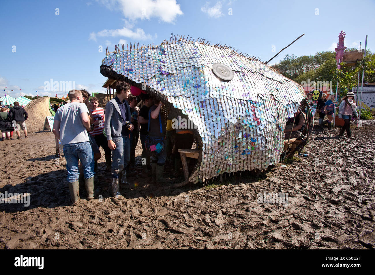 Fish sculpture made from recycled CD's. Greenpeace field, Glastonbury Festival 2011. Stock Photo
