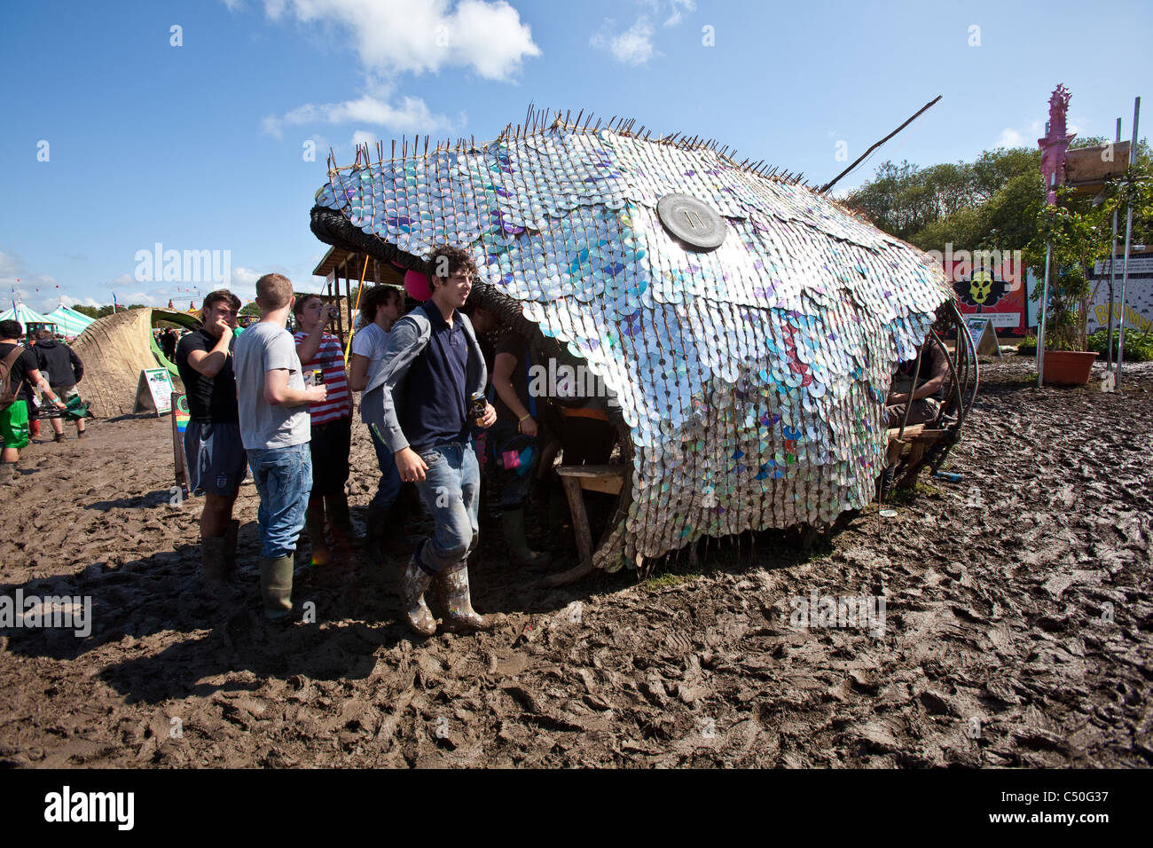 Fish sculpture made from recycled CD's. Greenpeace field, Glastonbury Festival 2011. Stock Photo