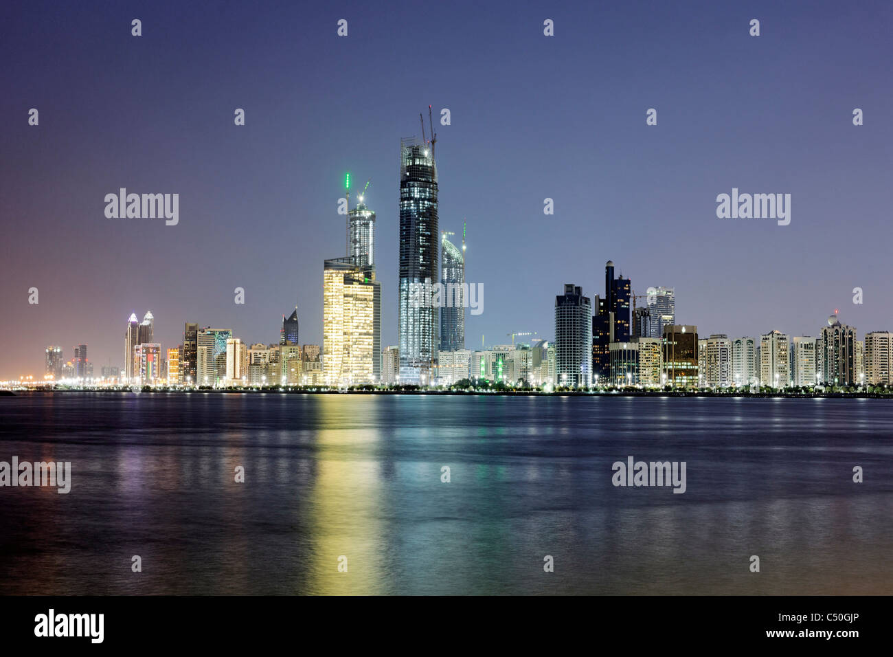 Skyline of Abu Dhabi at night, Corniche, Al Khubeirah, Emirate of Abu