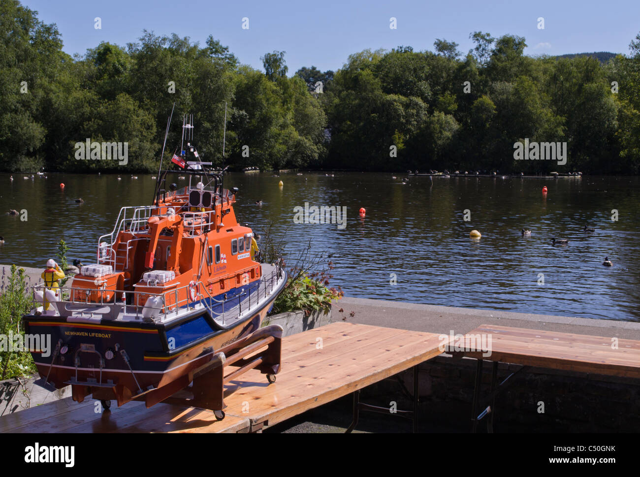 radio controlled scale model lifeboat in boating lake display etherow country park Stock Photo