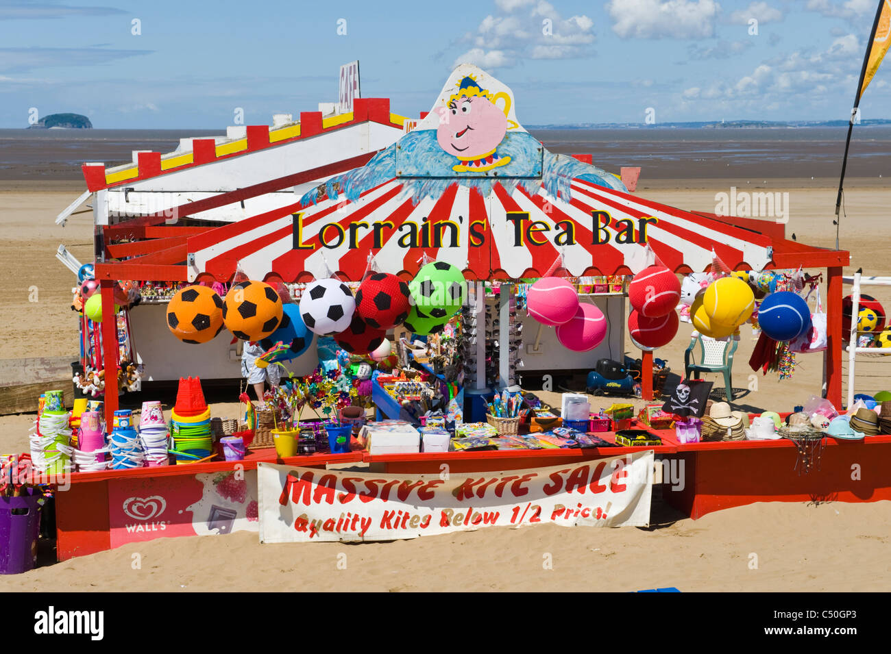 Tea Bar with novelty goods on the sand beach at Weston Super Mare Somerset England UK Stock Photo