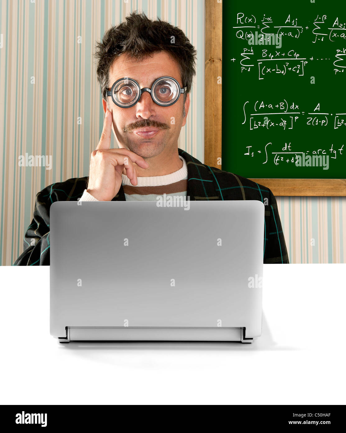 Genius nerd glasses silly man board math formula pensive gesture ...