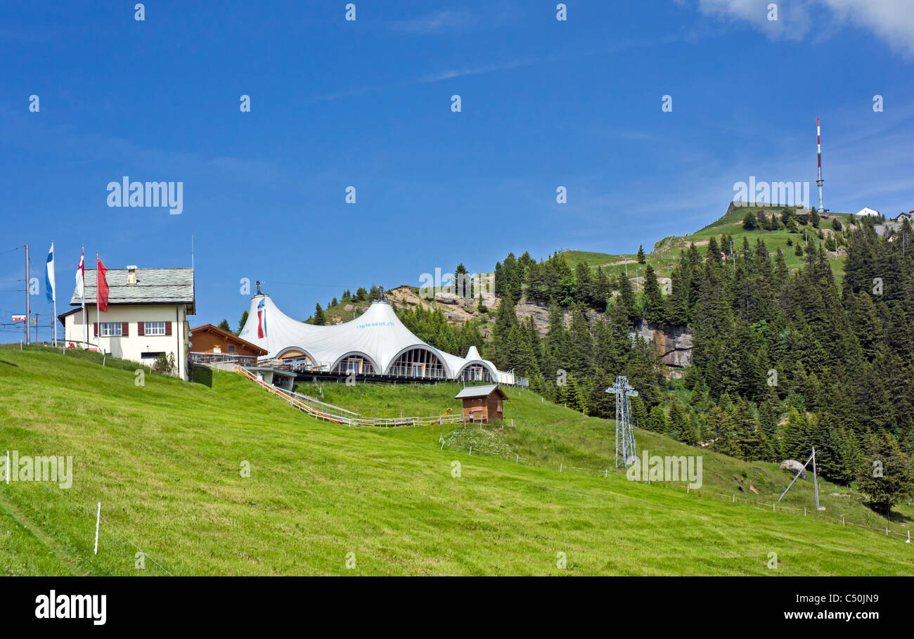 Railway station at Staffel on Rigi Mountain Switzerland with Rigi Event Tent and Rigi Kulm to the right Stock Photo