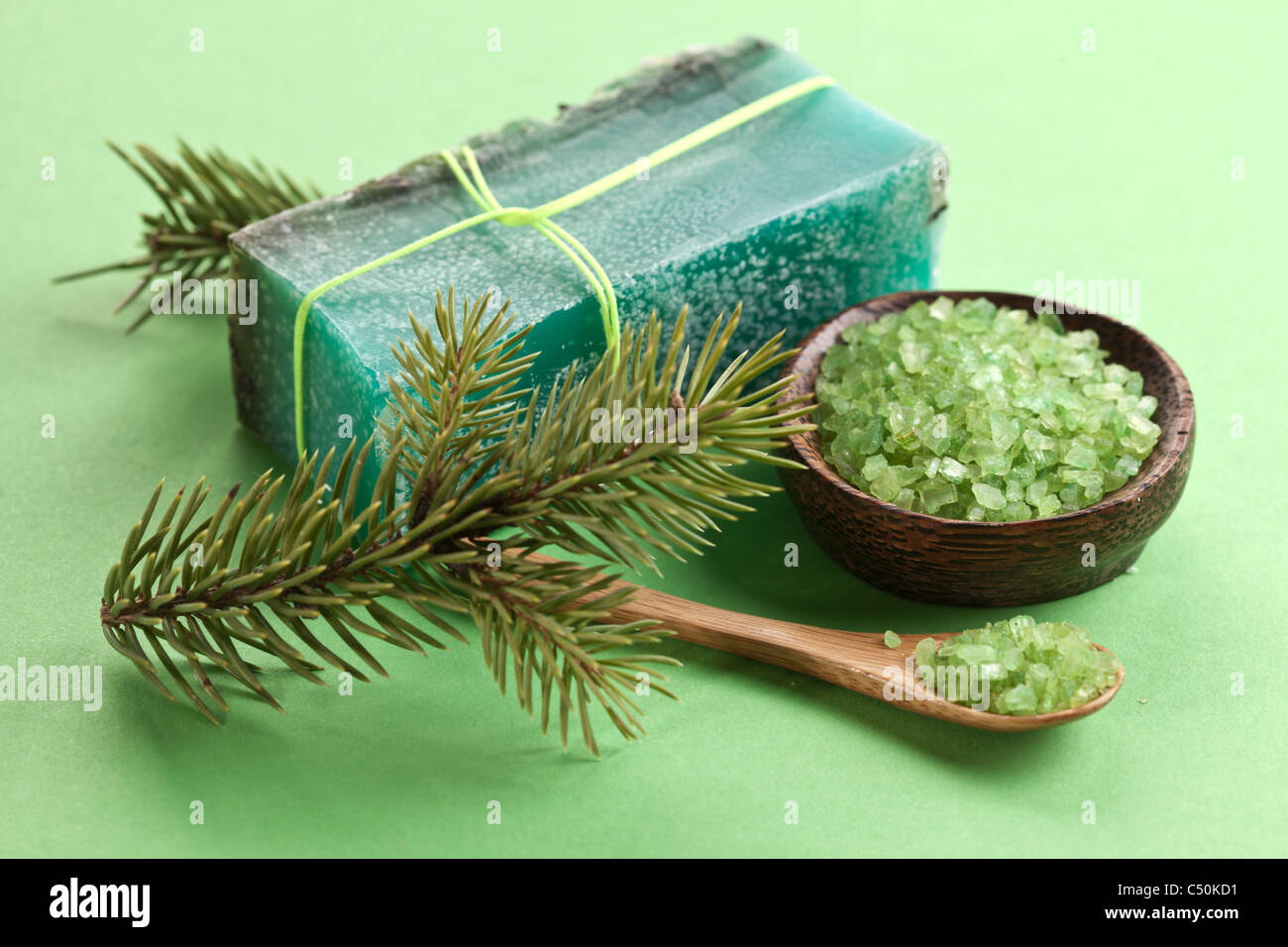 Pine soap with sea-salt and branch of pine. Stock Photo