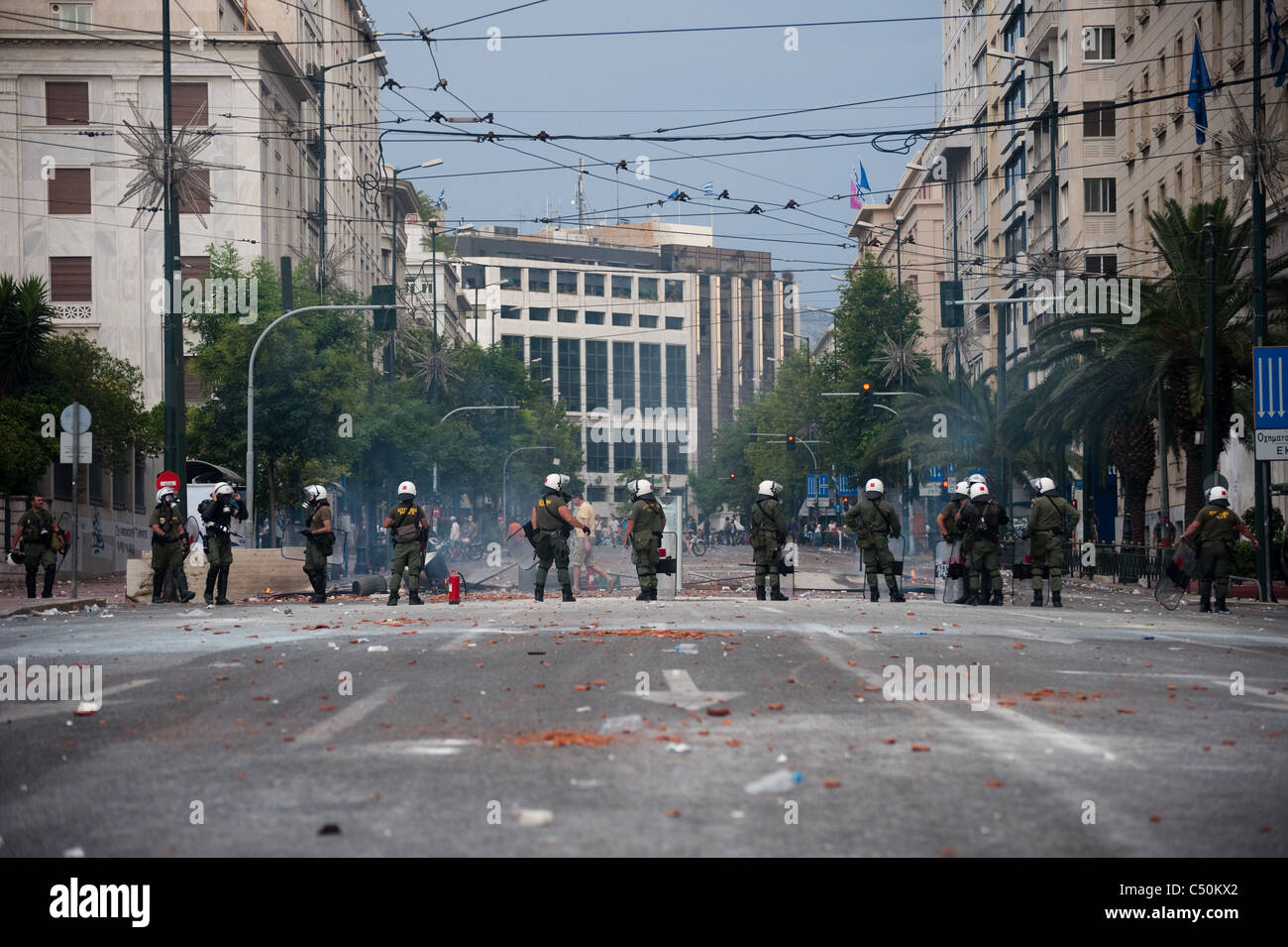 Riot police in Panepistimiou street during the the protests in Athens ...