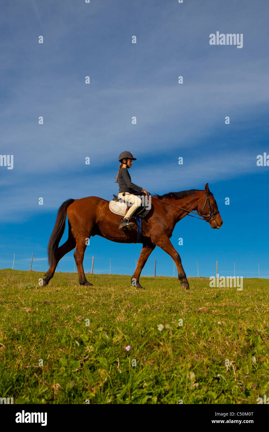 Young Girl Riding a Horse in Knysna, Garden Route, South Africa Stock Photo