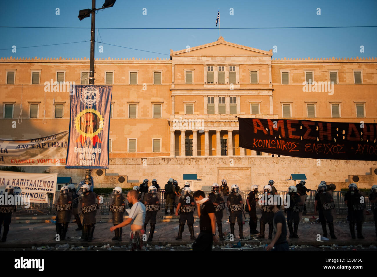 Riot police in front of the parliament inSyntagma (Constitution) square ...
