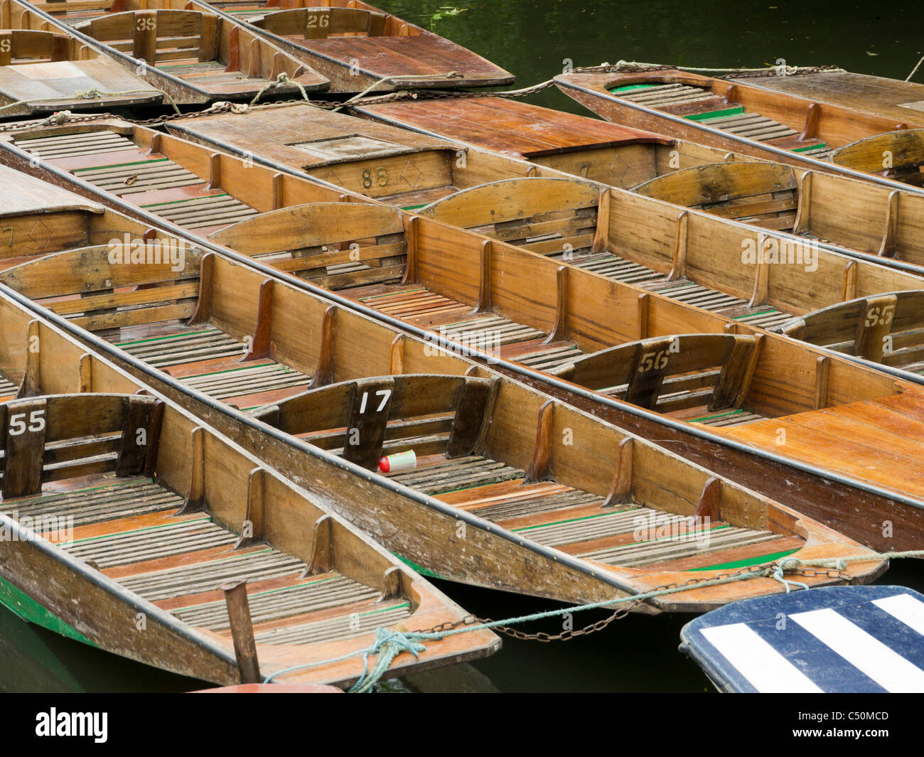 Punts ready for hire on the river Cherwell in Oxford, England. Stock Photo