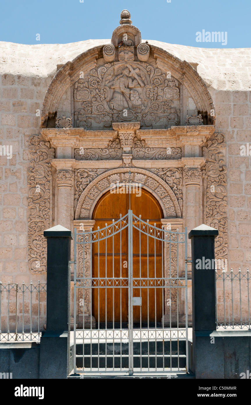 An ornate exterior door to the Paucarpata Church in Arequipa, Peru, South America Stock Photo
