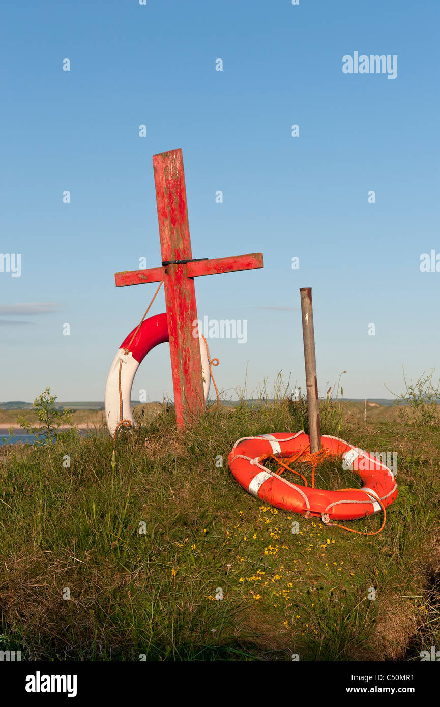 Live saving equipment on dunes above Beadnell Beach Stock Photo