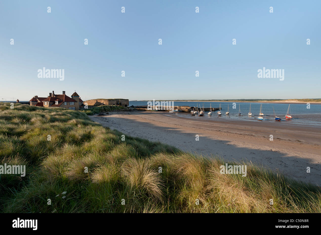 The beach and harbour at Beadnell. Stock Photo