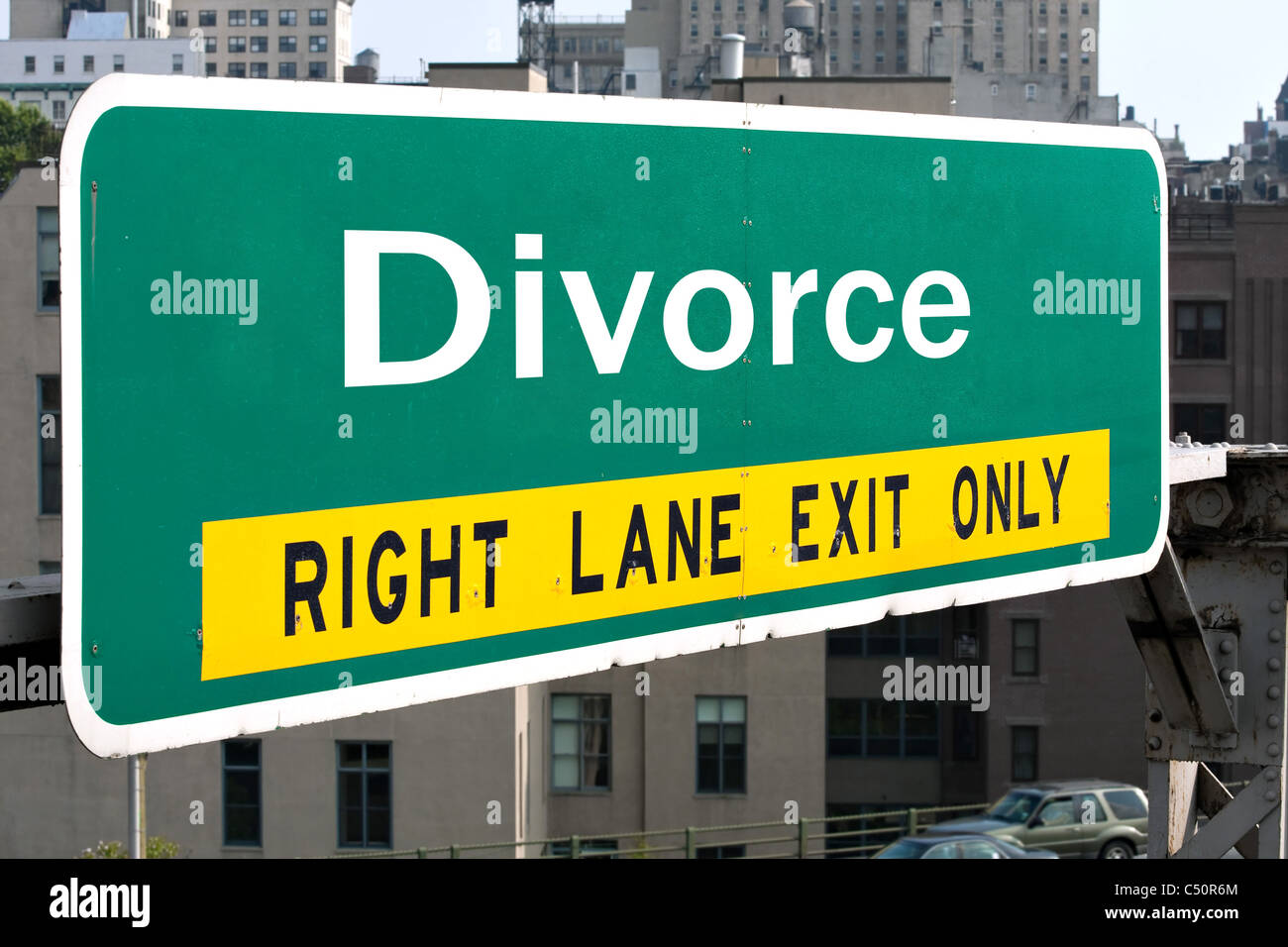 A green highway sign with the word Divorce on it. Stock Photo