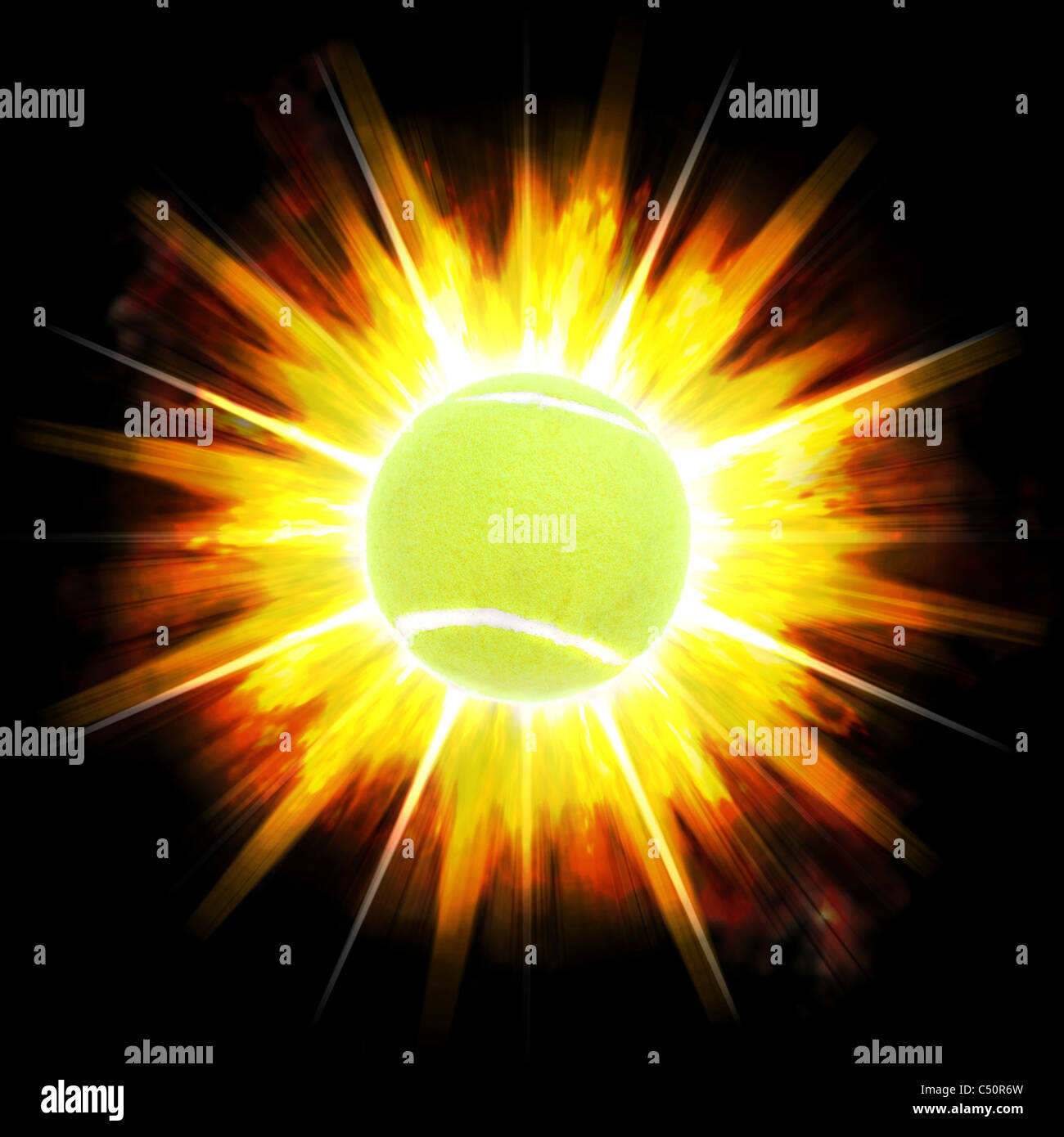 A single green tennis ball over an exploding fire burst background
